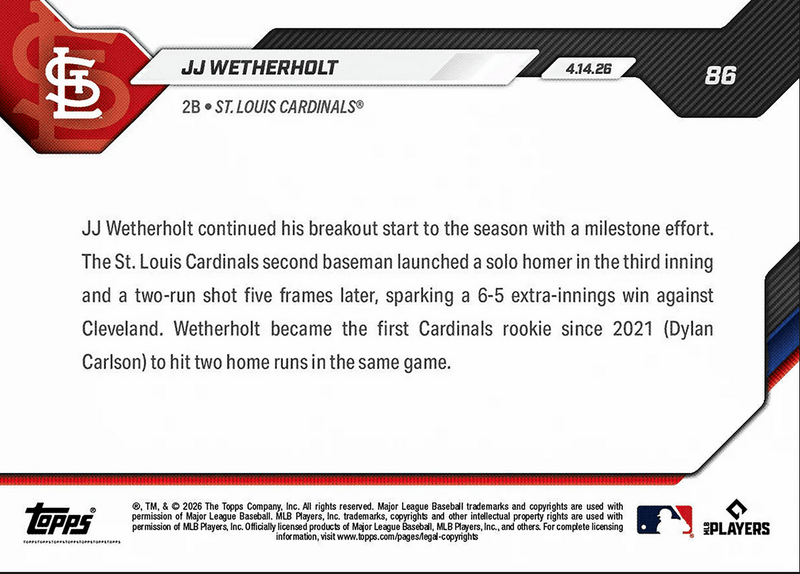 2026 Topps Now JJ Wetherholt #86 1st MLB Multi HR Game Propels Extra Innings Win St Louis Cardinals Rookie RC Baseball Card