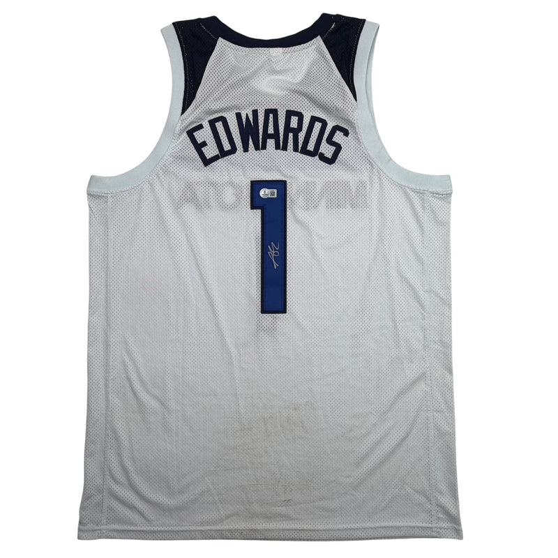 Autographed/Signed Anthony Edwards Minnesota White #1 Basketball Jersey Beckett BAS COA