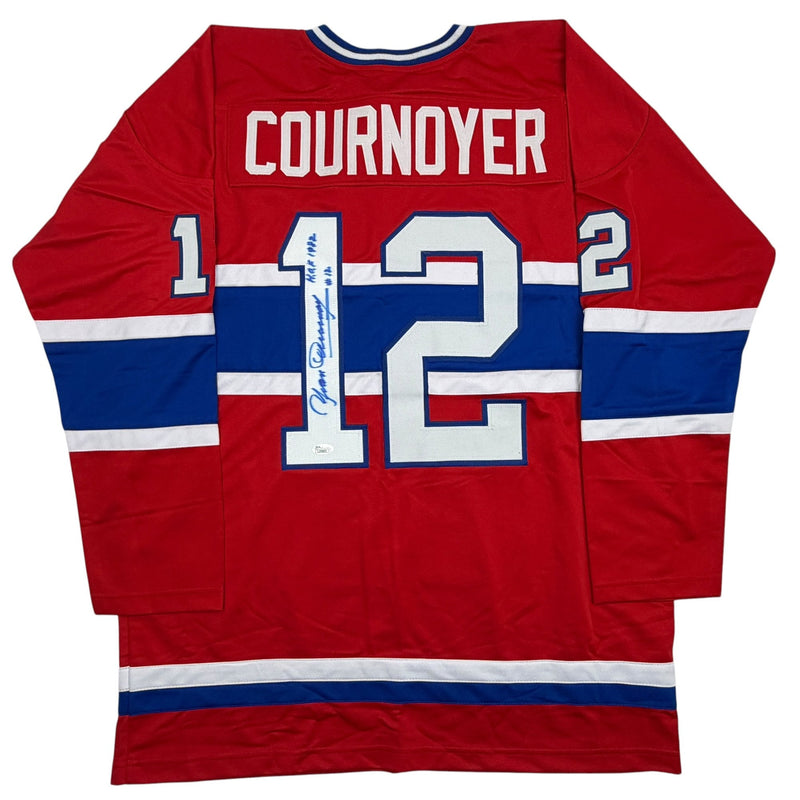 Autographed/Signed Yvan Cournoyer HOF 1982 Montreal Red Hockey Jersey JSA COA