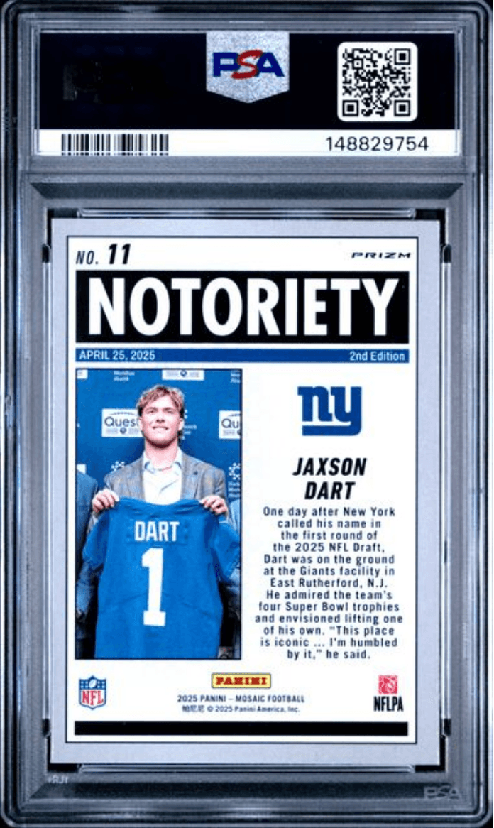 Graded 2025 Panini Mosaic Jaxson Dart #11 Notoriety Green Rookie RC Football Card PSA 10 Gem Mint