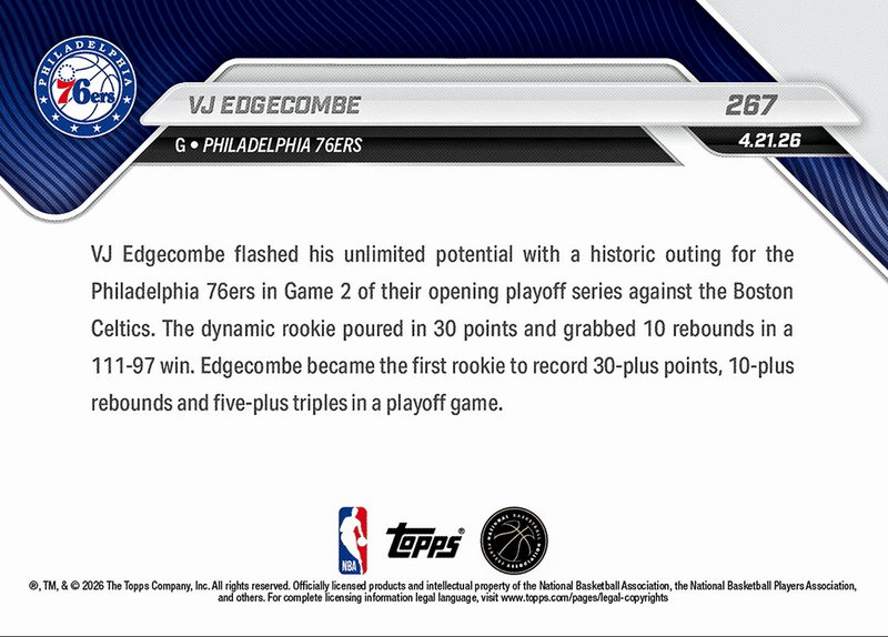 2025 Topps Now VJ Edgecombe #267 1st Rookie Ever with 30/10 + 5 3PM in Playoff Game Philadelphia 76ers Rookie RC Basketball Card