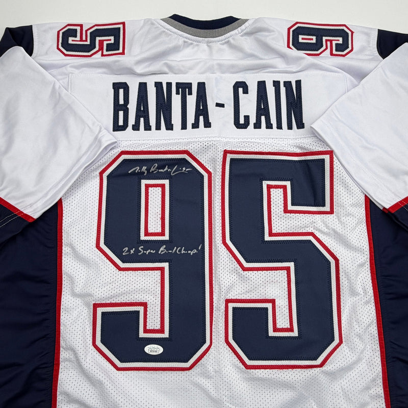 Autographed/Signed Tully Banta-Cain New England White Football Jersey JSA COA