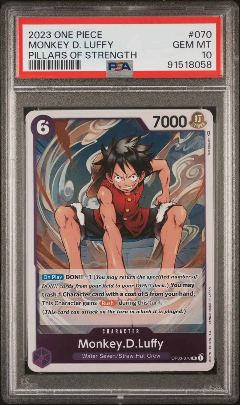 Graded 2023 One Piece Monkey D Luffy #070 OP03 Pillars of Strength Trading Card Game PSA 10 Gem Mint