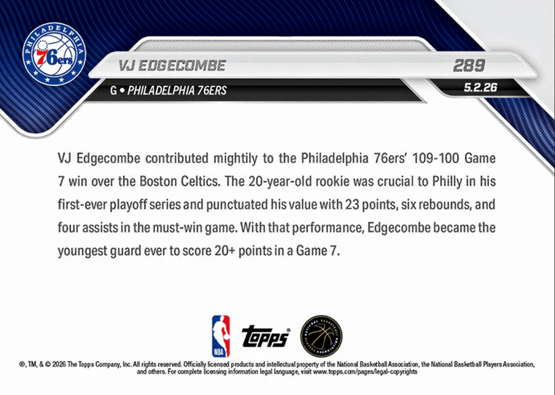 2025 Topps Now VJ Edgecombe #289 Youngest Guard Ever with 20+ Points in Game 7 Performance Philadelphia 76ers Rookie RC Basketball Card