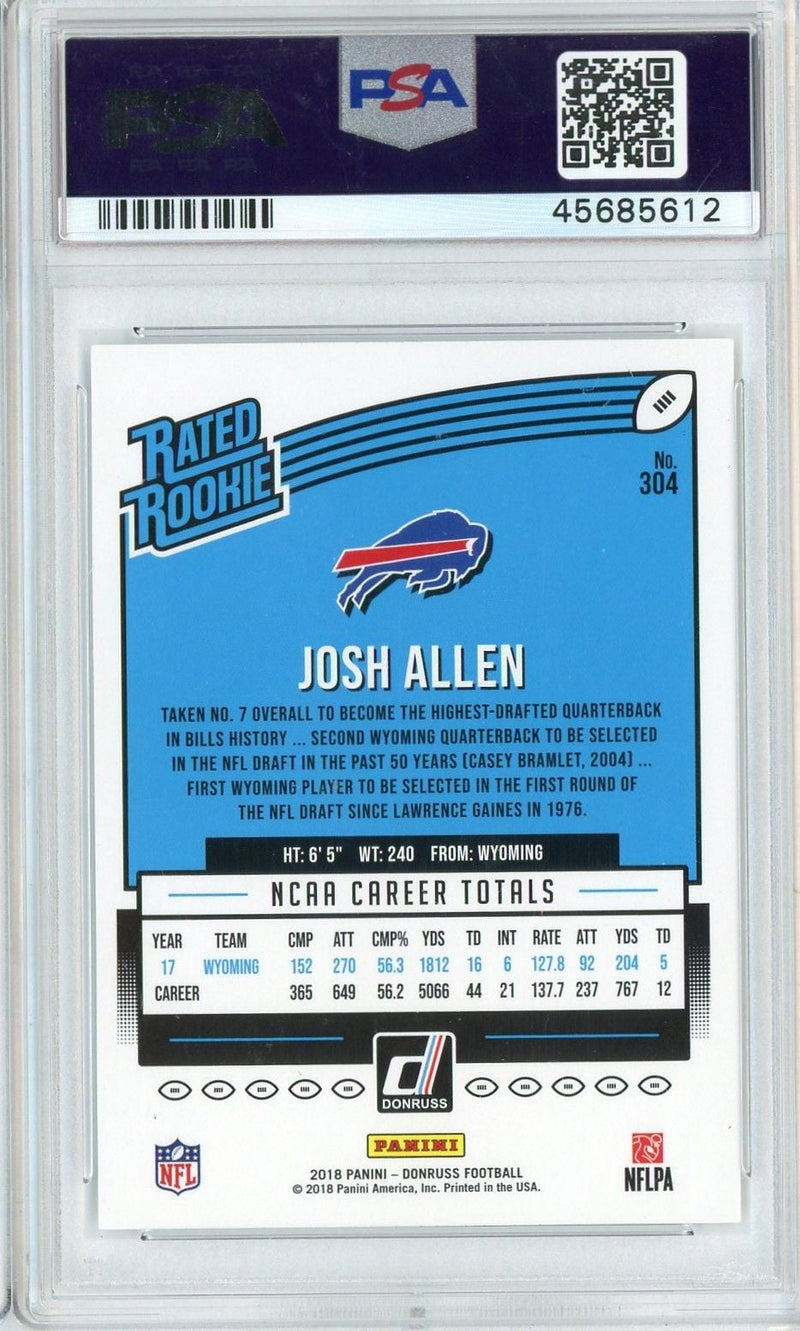 Graded 2018 Panini Donruss Josh Allen #304 Rookie RC Football Card PSA 9 Mint