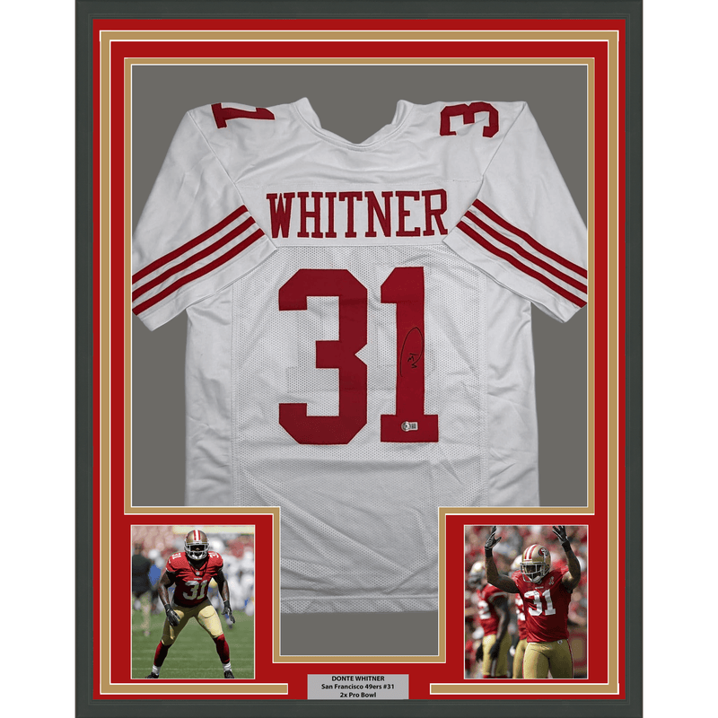 Framed Autographed/Signed Donte Whitner 35x39 San Francisco White Football Jersey Beckett BAS COA