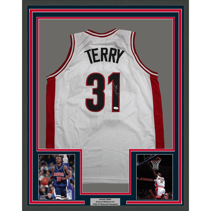 Framed Autographed/Signed Jason Terry 35x39 Arizona White College Basketball Jersey JSA COA