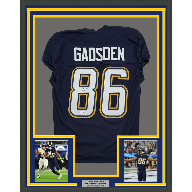 Framed Autographed/Signed Oronde Gadsden 35x39 Los Angeles San Diego Navy Blue Pro Cut Football Jersey Beckett BAS COA