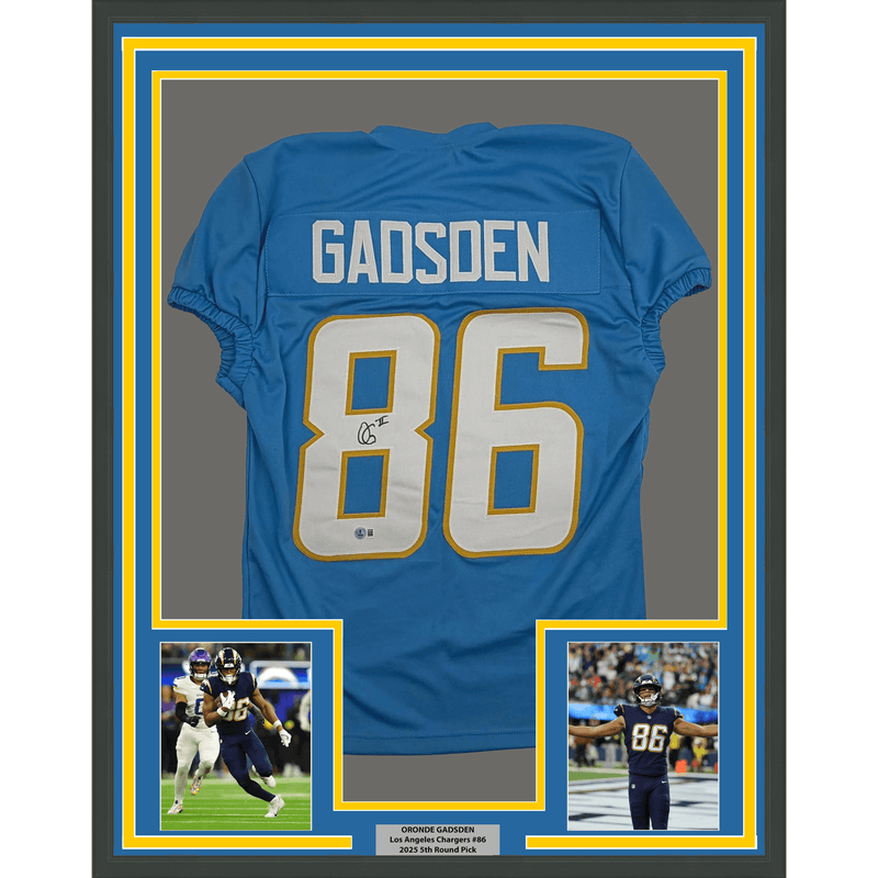 Framed Autographed/Signed Oronde Gadsden 35x39 Los Angeles San Diego Powder Blue Pro Cut Football Jersey Beckett BAS COA