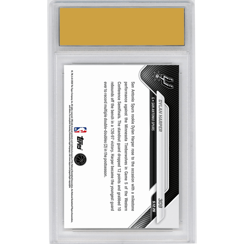 Graded 2025 Topps Now Dylan Harper #309 Youngest Guard Ever with Multiple Playoff Double Doubles San Antonio Spurs Rookie RC Basketball Card HOFSM 10 Gem Mint