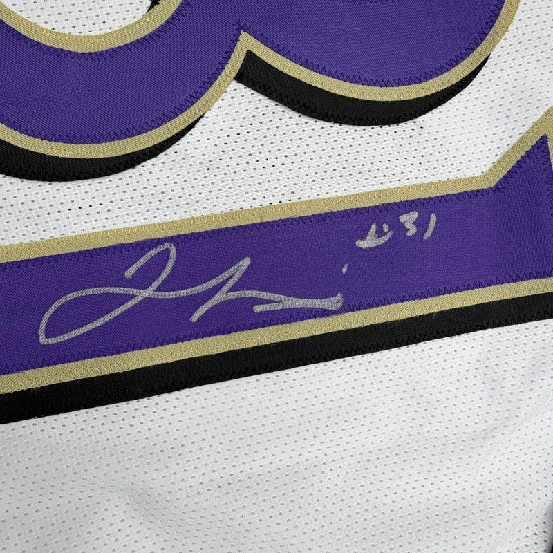 Framed Autographed/Signed Jamal Lewis 35x39 Baltimore White Football Jersey Beckett BAS COA