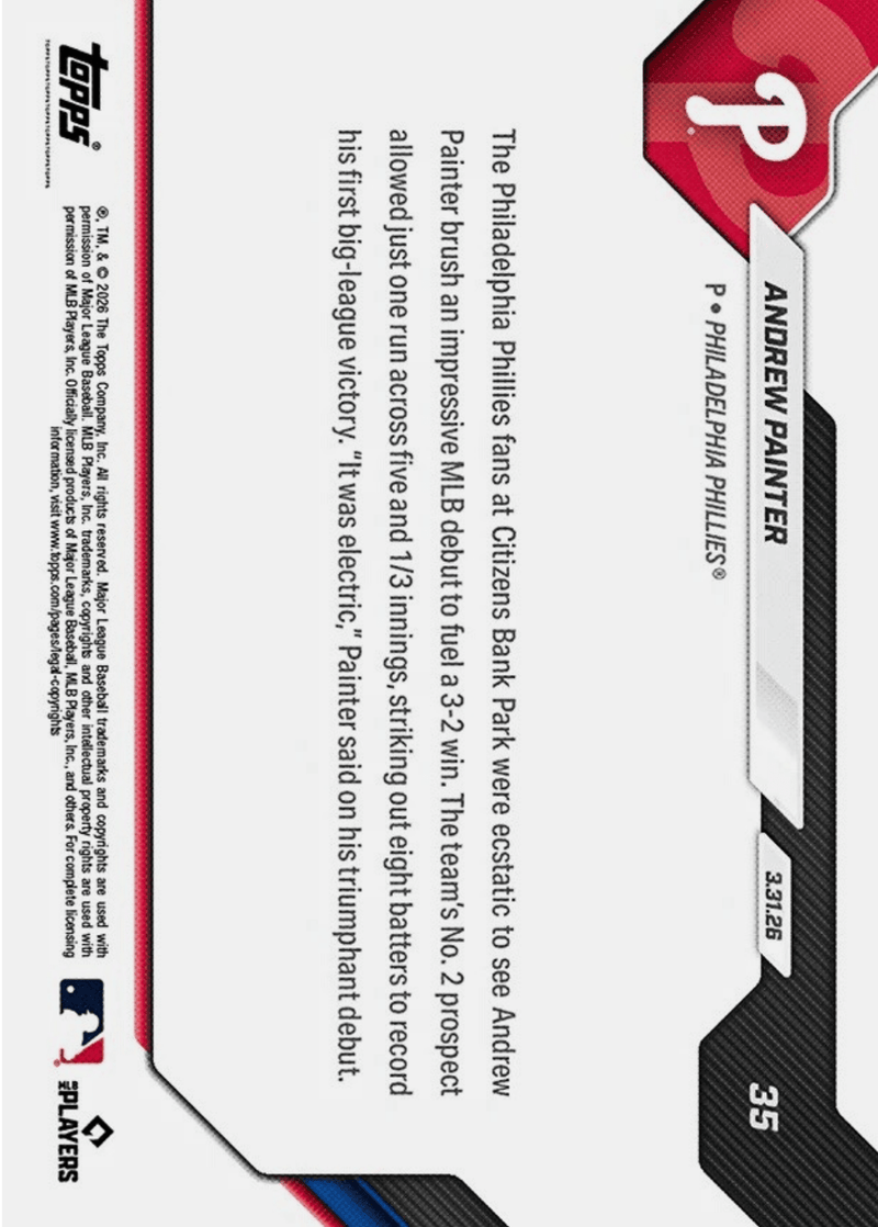 2026 Topps Now Andrew Painter #35 Black Foil /10 Club Top Pitching Prospect Dazzles in MLB Debut Philadelphia Phillies Rookie RC Baseball Card