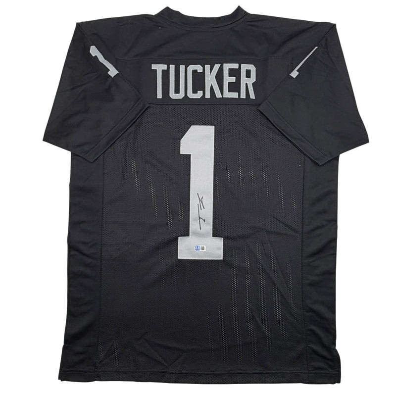 Autographed/Signed Tre Tucker Oakland Las Vegas Black Football Jersey Beckett BAS COA