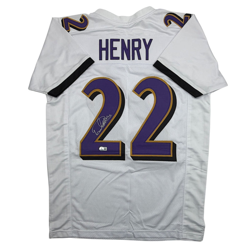 Autographed/Signed Derrick Henry Baltimore White Football Jersey Beckett BAS COA