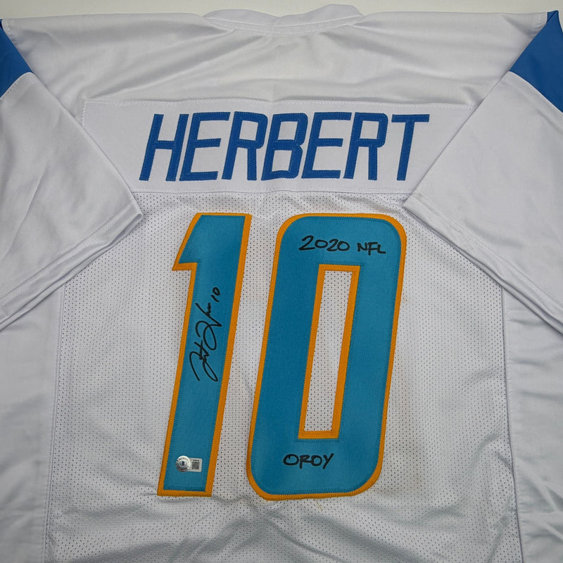Autographed/Signed Justin Herbert 2020 ROY Los Angeles San Diego White Football Jersey Beckett BAS COA
