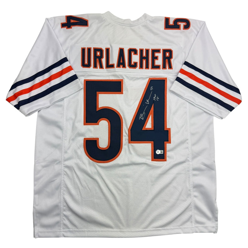 Autographed/Signed Brian Urlacher HOF 18 Chicago White Football Jersey Beckett BAS COA