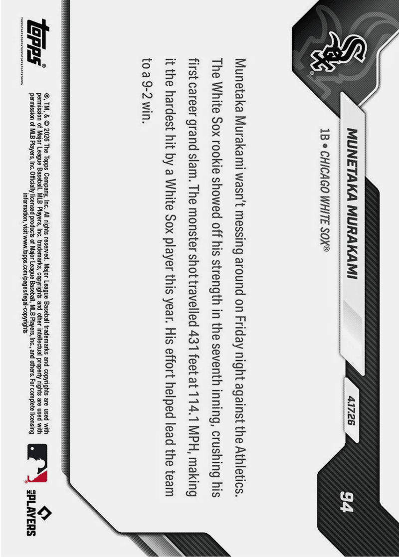 2026 Topps Now Munetaka Murakami #94 Gold Foil /50 Smashes 1st Career Grand Slam 114.1 MPH Chicago White Sox Rookie RC Baseball Card