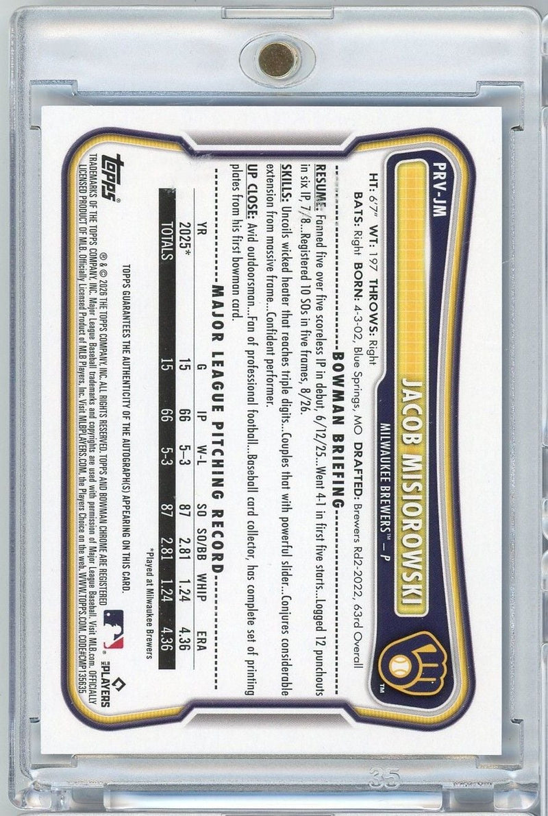 2026 Topps Bowman Jacob Misiorowski #PRVJM /150 Blue Auto Rookie RC Baseball Card
