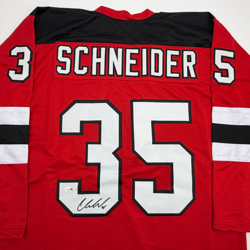 Autographed/Signed Cory Schneider New Jersey NJ Red Hockey Jersey JSA COA