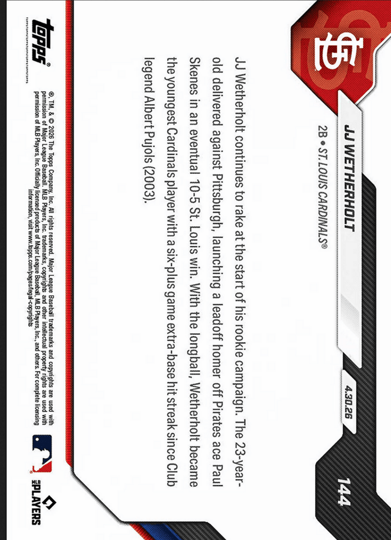 2026 Topps Now JJ Wetherholt #144 Black Foil /10 Leadoff Blast Cements Cardinals XBH Lore St Louis Cardinals Rookie RC Baseball Card