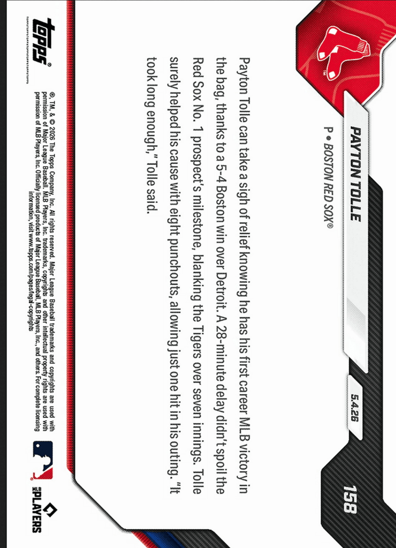2026 Topps Now Payton Tolle #158 Black Foil /10 7 Scoreless Frames, 8Ks Collect 1st MLB Win Boston Red Sox Rookie RC Baseball Card