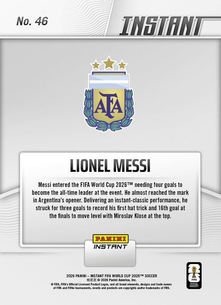 2026 Panini Instant FIFA World Cup Lionel Messi #46 Hats Off: Magical Messi Ties Goals Record Argentina Soccer Card