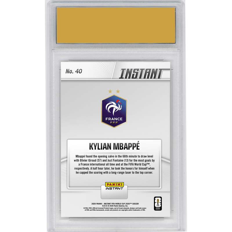 Graded 2026 Panini Instant FIFA World Cup Kylian Mbappe #40 Roi De France: Mbappe Takes Team Goals Crown France Soccer Card HOFSM 10 Gem Mint