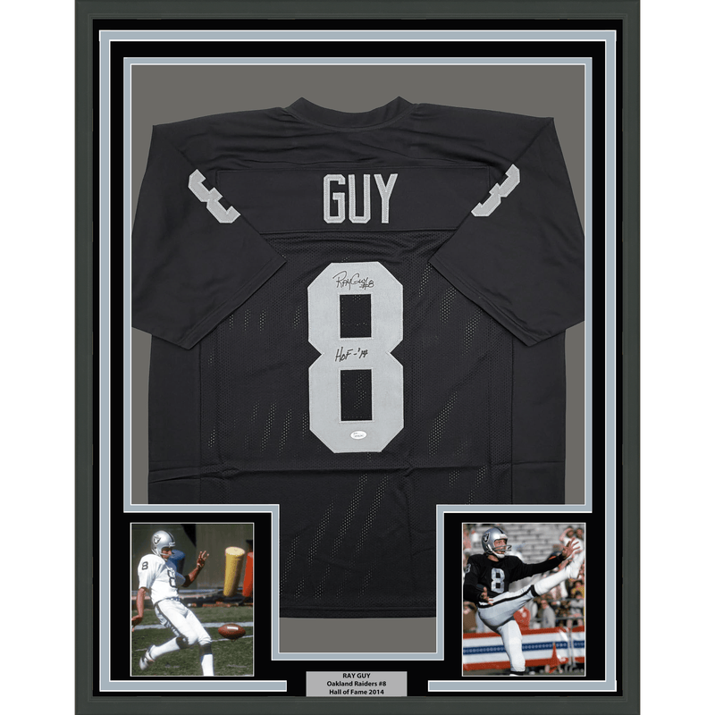 Framed Autographed/Signed Ray Guy HOF 14 35x39 Oakland Las Vegas Black Football Jersey JSA COA