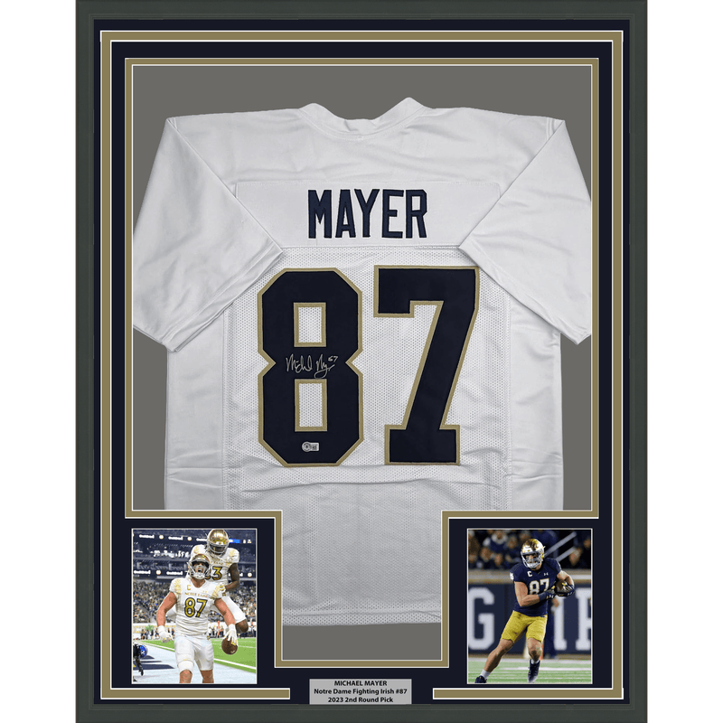 Framed Autographed/Signed Michael Mayer 35x39 Notre Dame White College Football Jersey Beckett BAS COA