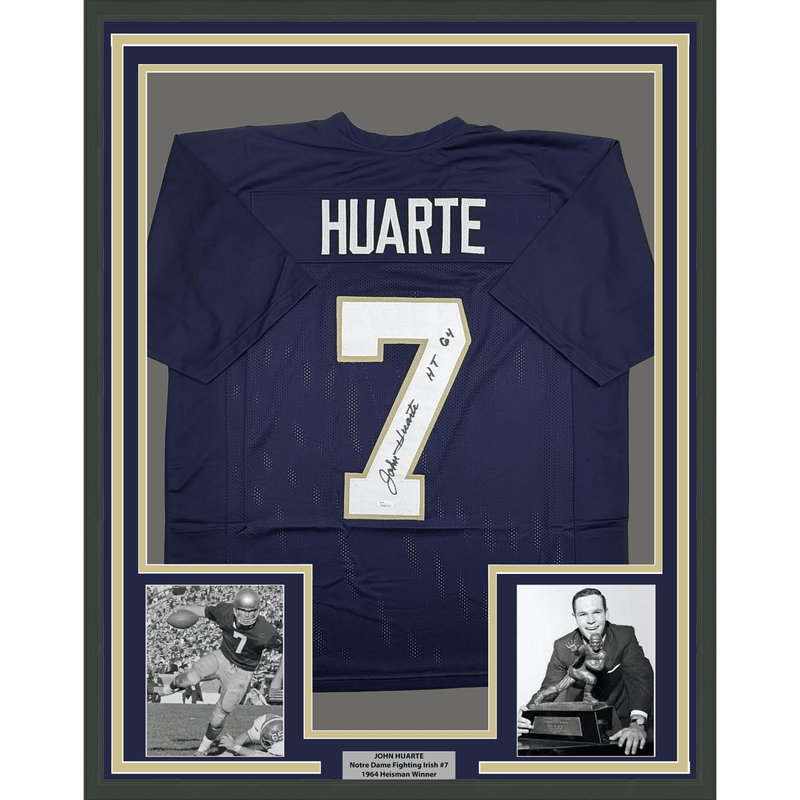 Framed Autographed/Signed John Huarte 35x39 HT 64 Notre Dame Blue College Football Jersey JSA COA