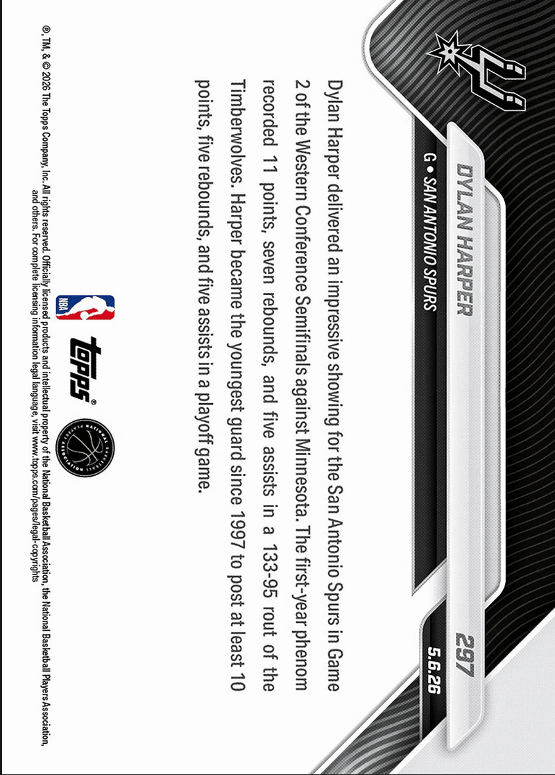 2025 Topps Now Dylan Harper #297 Rookie Shines in 38 Point Triumph As Spurs Even Series San Antonio Spurs Rookie RC Basketball Card