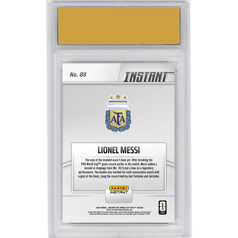 Graded 2026 Panini Instant FIFA World Cup Lionel Messi #89 Messi On Top of The World with Historic Double Argentina Soccer Card HOFSM 10 Gem Mint