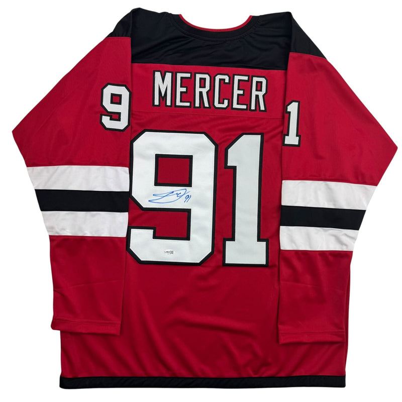 Autographed/Signed Dawson Mercer New Jersey NJ Red Hockey Jersey JSA COA