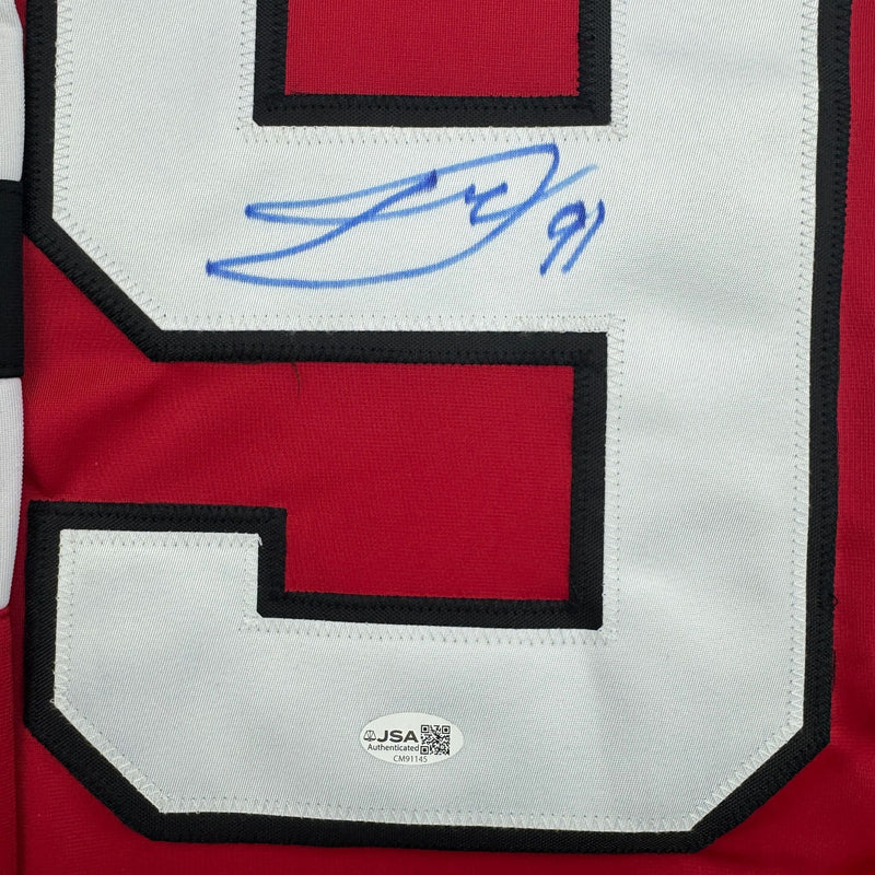 Autographed/Signed Dawson Mercer New Jersey NJ Red Hockey Jersey JSA COA