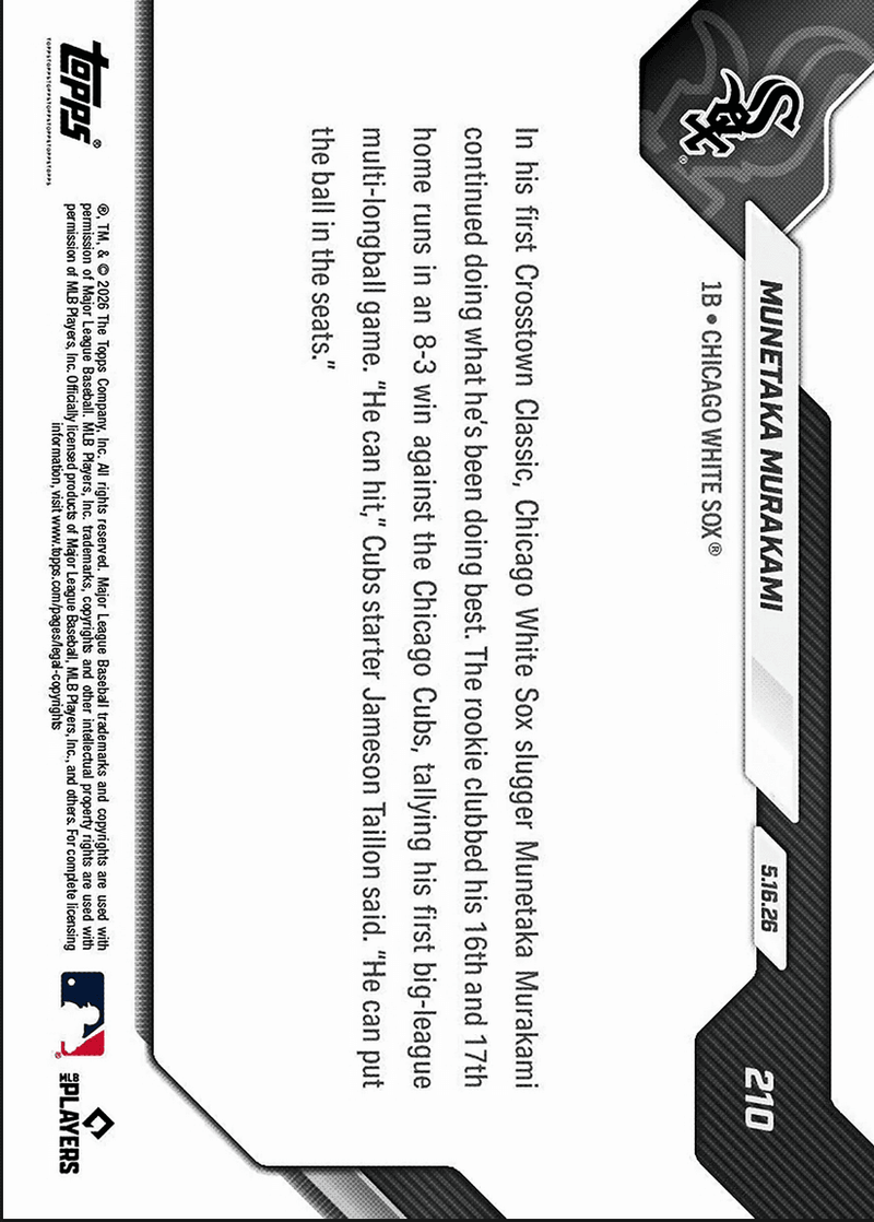 2026 Topps Now Munetaka Murakami #210 1st Multi Home Run Game Comes in Rivalry Victory Chicago White Sox Rookie RC Baseball Card