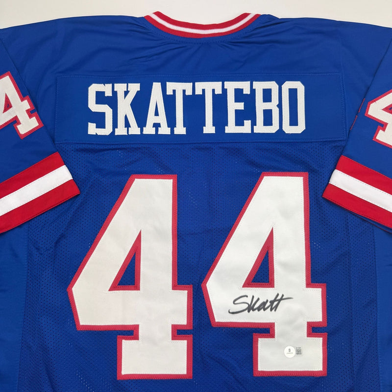 Autographed/Signed Cam Skattebo New York Blue Retro Football Jersey Beckett BAS COA