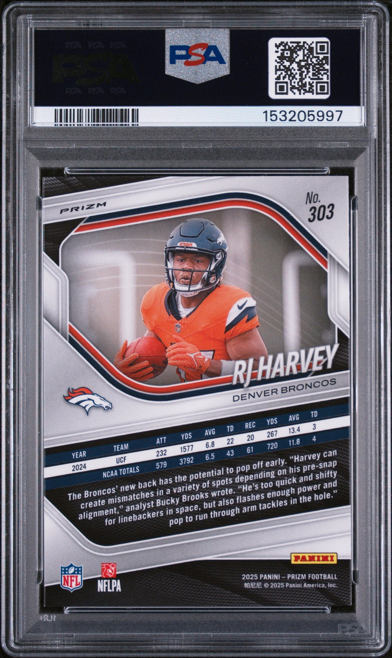 Graded 2025 Panini Prizm RJ Harvey #303 White Disco Rookie RC Football Card PSA 10 Gem Mint