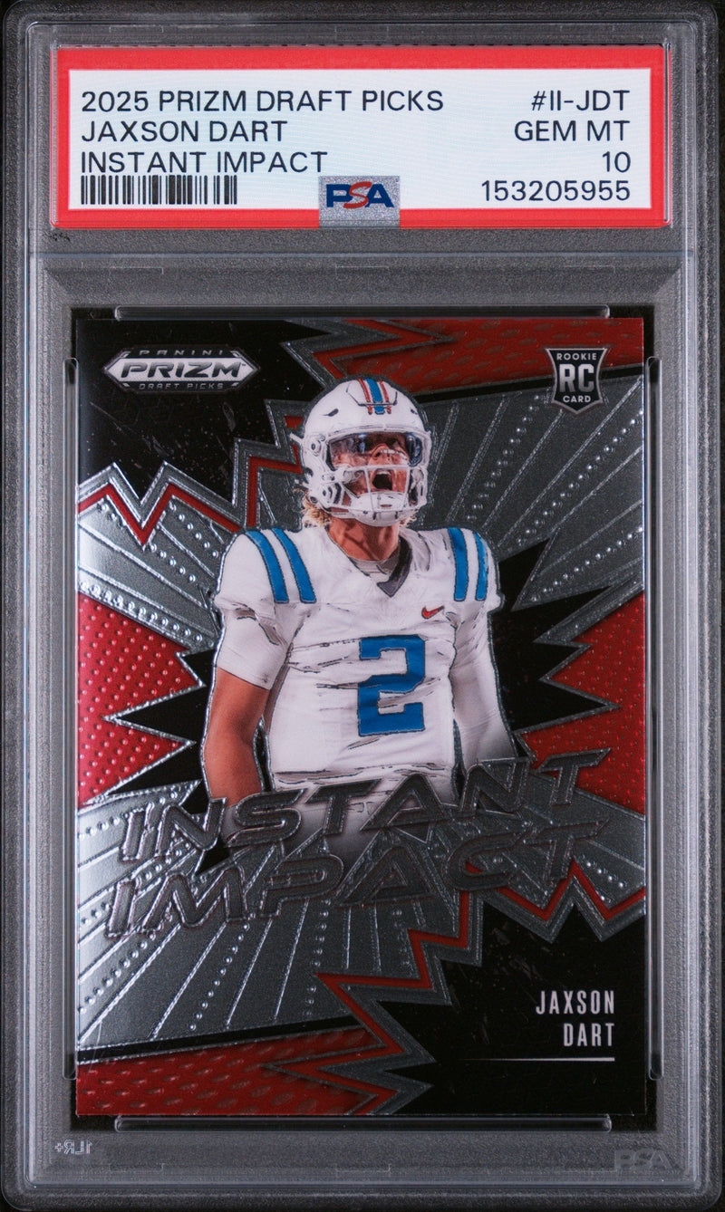 Graded 2025 Panini Prizm Draft Picks Jaxson Dart #II-JDT Instant Impact Rookie RC Football Card PSA 10 Gem Mint