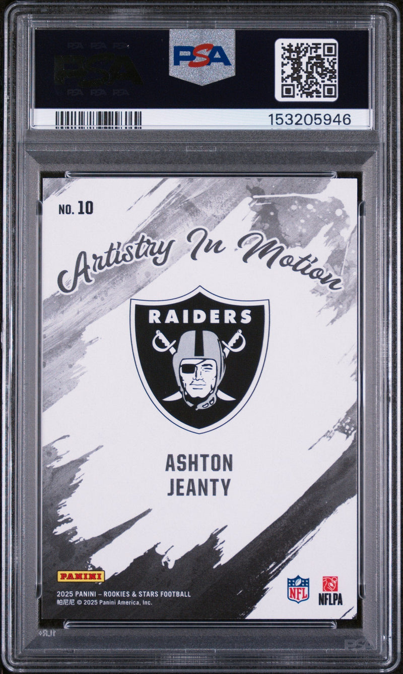 Graded 2025 Panini Rookies & Stars Ashton Jeanty #10 Artistry in Motion Rookie RC Football Card PSA 10 Gem Mint