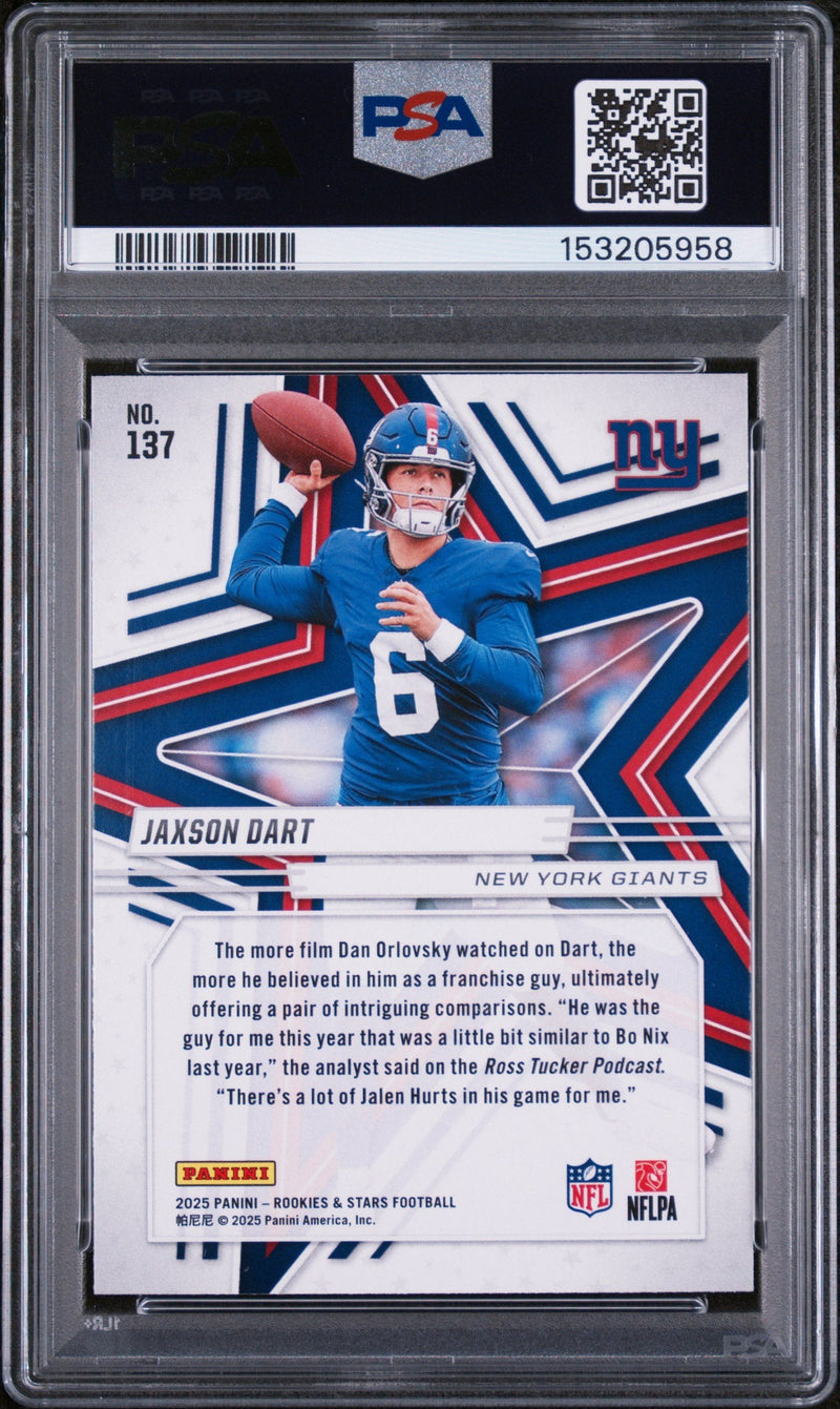 Graded 2025 Panini Rookies & Stars Jaxson Dart #137 Rookie RC Football Card PSA 10 Gem Mint