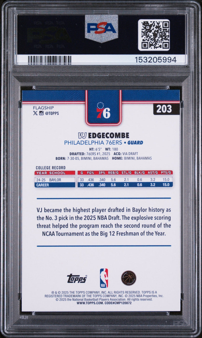 Graded 2025 Topps VJ Edgecombe #203 Rookie RC Basketball Card PSA 9 Mint