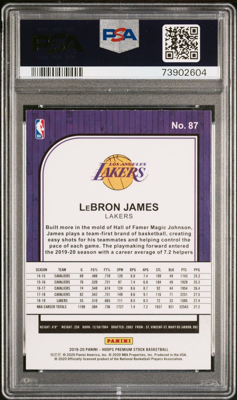 Graded 2019 Panini NBA Hoops Premium Stock LeBron James #87 Basketball Card PSA 10 Gem Mint