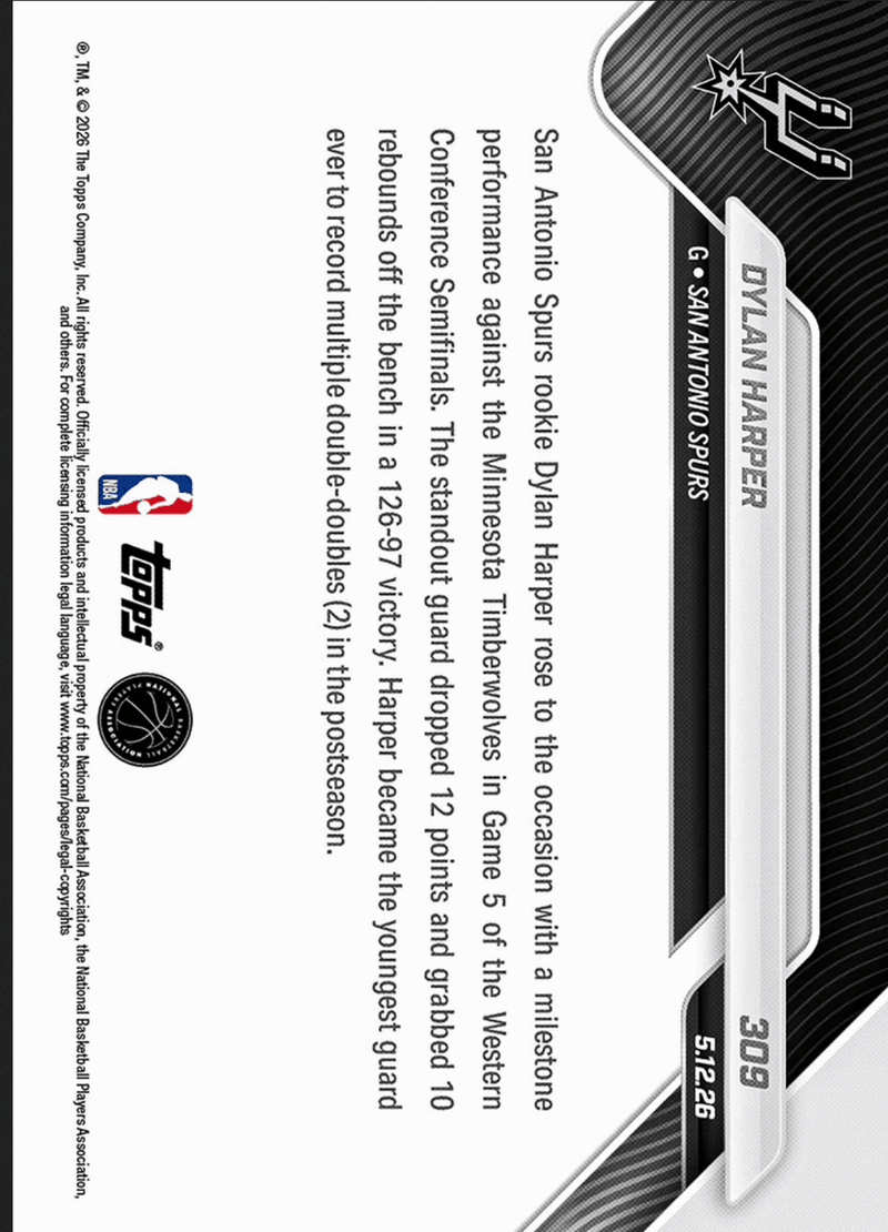 2025 Topps Now Dylan Harper #309 Black Foil /10 Youngest Guard Ever with Multiple Playoff Double Doubles San Antonio Spurs Rookie RC Basketball Card
