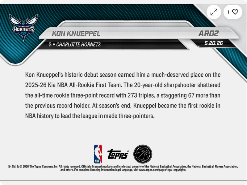 2025 Topps Now Kon Knueppel #AR02 Black Foil /10 2025-26 KIA NBA All Rookie First Team Selection Charlotte Hornets Rookie RC Basketball Card