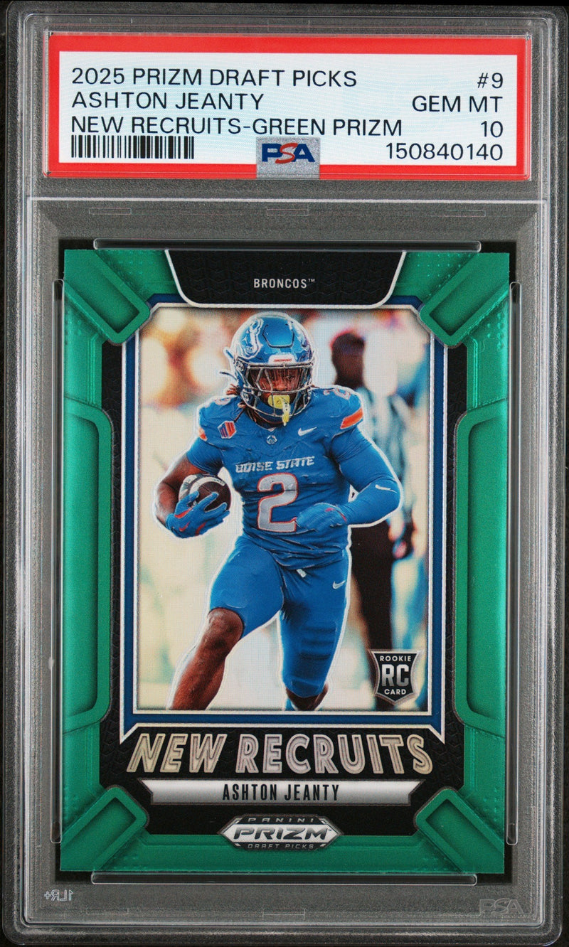 Graded 2025 Panini Prizm Draft Picks Ashton Jeanty #9 New Recruits Green Rookie RC Football Card PSA 10 Gem Mint