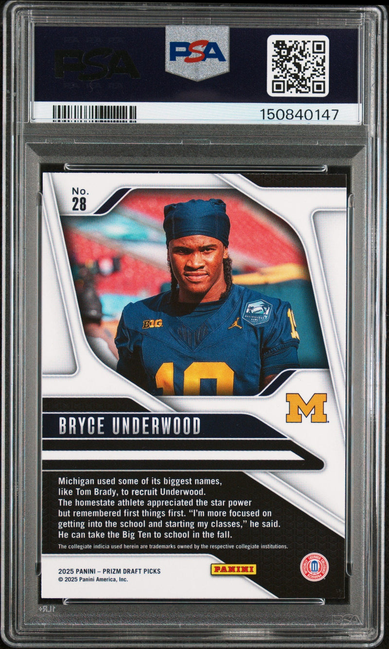 Graded 2025 Panini Prizm Draft Picks Bryce Underwood #28 Rookie RC Football Card PSA 10 Gem Mint