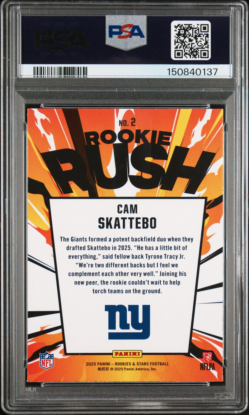 Graded 2025 Panini Rookies & Stars Cam Skattebo #2 Rookie Rush Rookie RC Football Card PSA 9 Mint