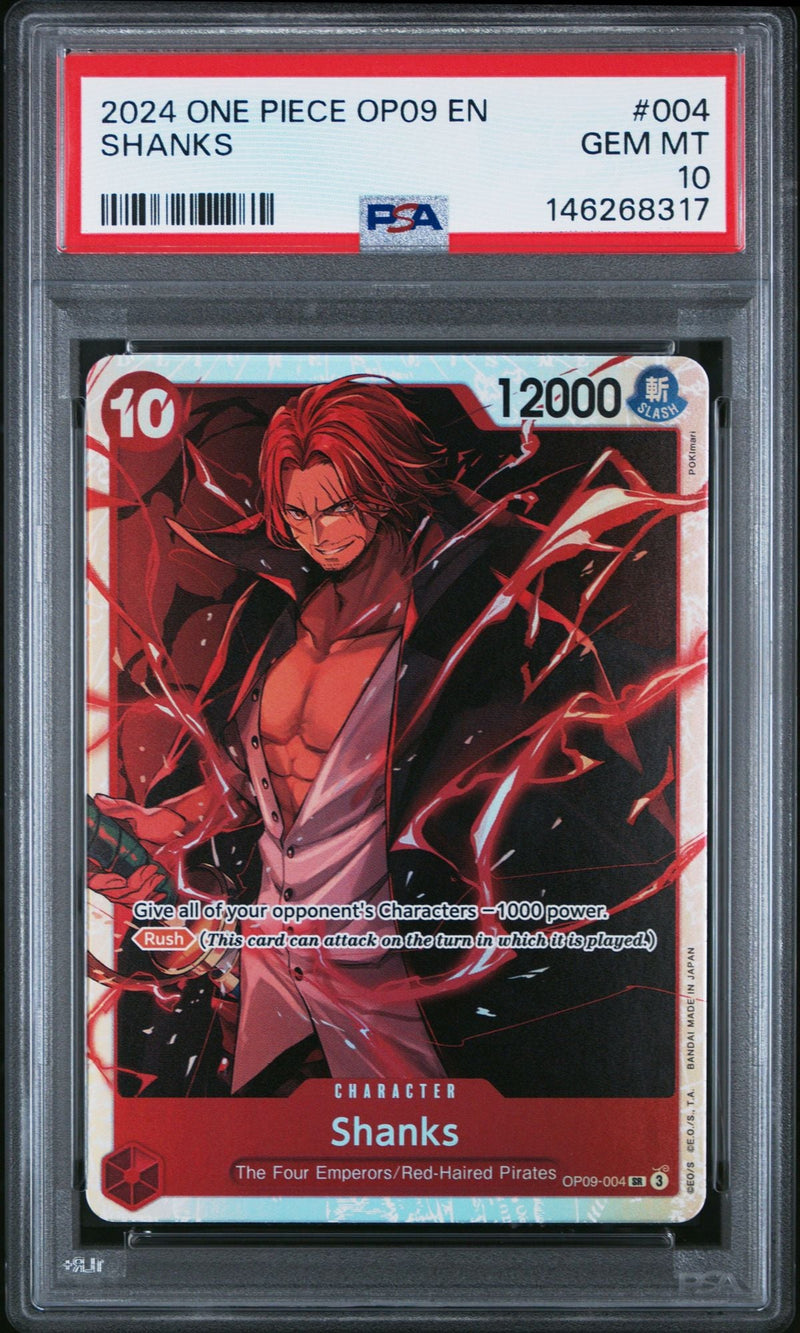 Graded 2024 One Piece Shanks #004 OP09 Trading Card Game PSA 10 Gem Mint