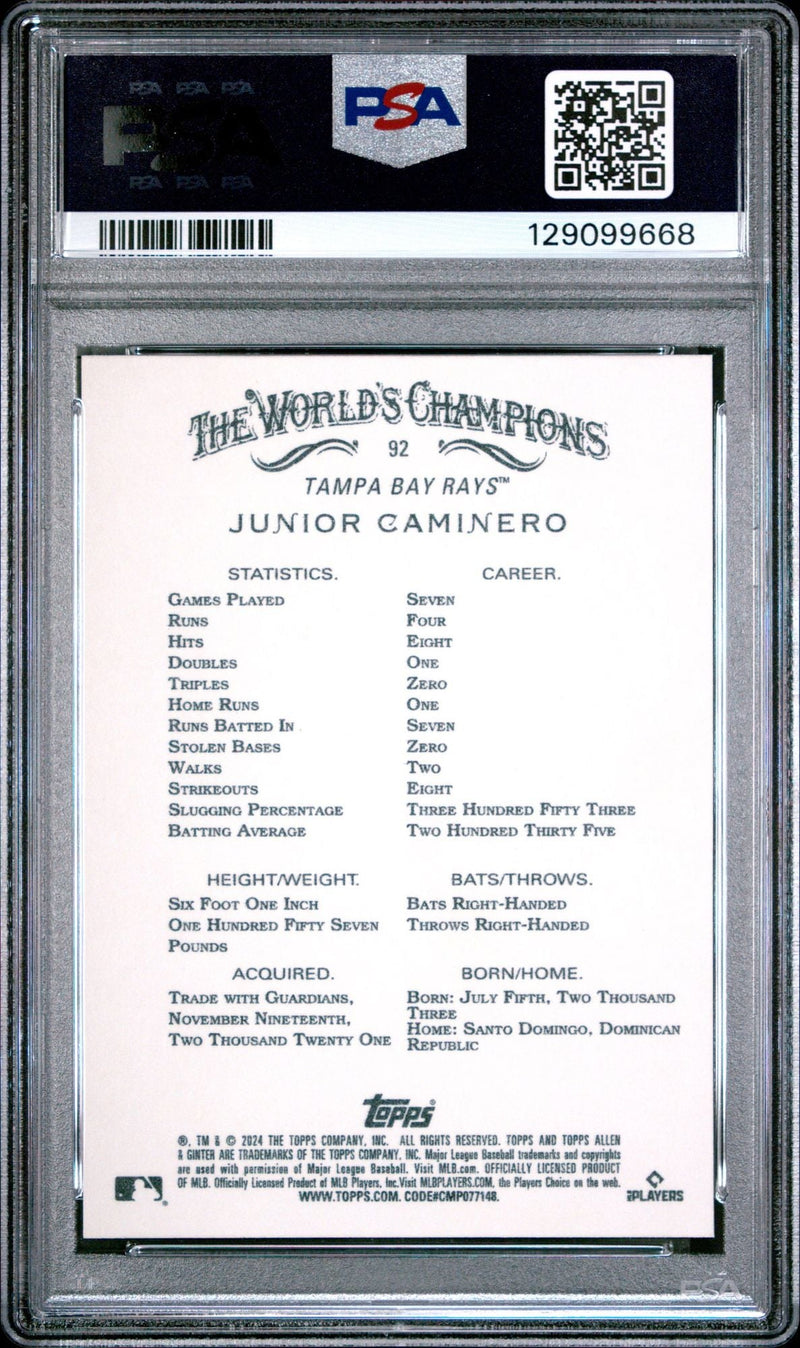 Graded 2024 Topps Allen & Ginter Junior Caminero #92 Rookie RC Baseball Card PSA 10 Gem Mint