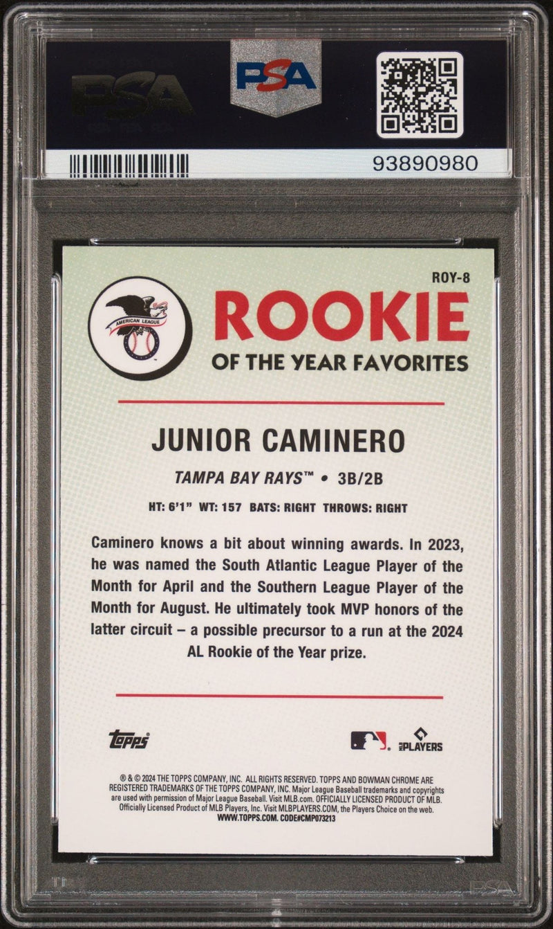 Graded 2024 Topps Bowman Chrome Junior Caminero #ROY8 Rookie of the Year Favorite RC Baseball Card PSA 10 Gem Mint